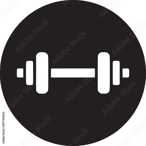 A simple black and white graphic of a dumbbell inside a black circle on a white background space