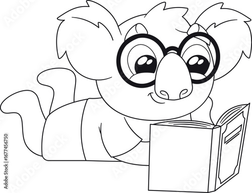 Black-and-white smart koala reading book