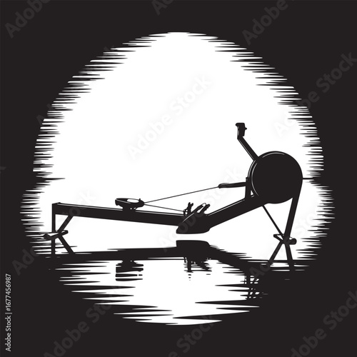A silhouette of a rowing machine against a bright background in a graphic design style image