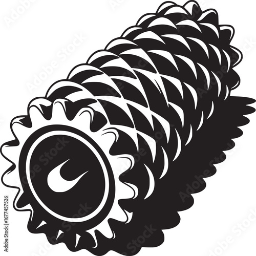 A black and white illustration of a textured foam roller with a logo on a white background art