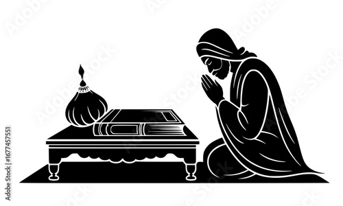"Guru Granth Sahib Prayer Silhouette Vector Illustration"