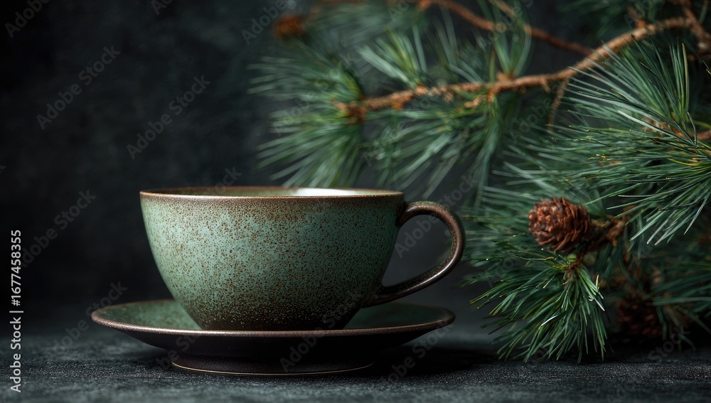 Fototapeta premium Teal teacup with pine branch on dark background