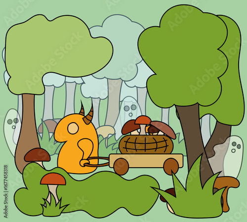 A cute orange monster with horns, pulling a cart with collected mushrooms, while passing a forest with ghosts. Concept of autumn and Halloween. . 
