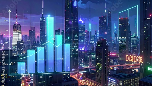 Futuristic city with growing graph