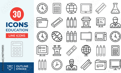 School Essentials & Academic Tools Line Icons Classroom & Study Supplies