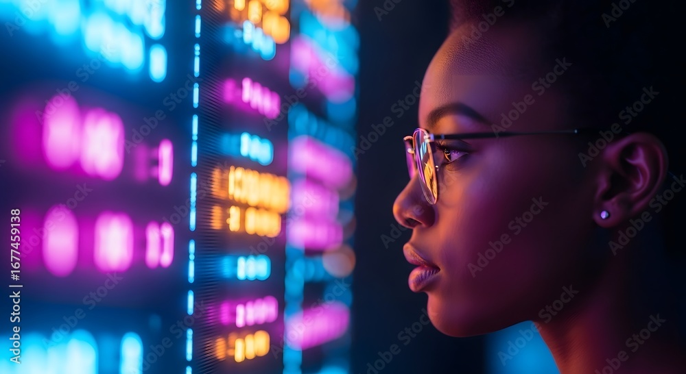 Fototapeta premium Focused young woman with glasses observing a vibrant digital display of data and charts
