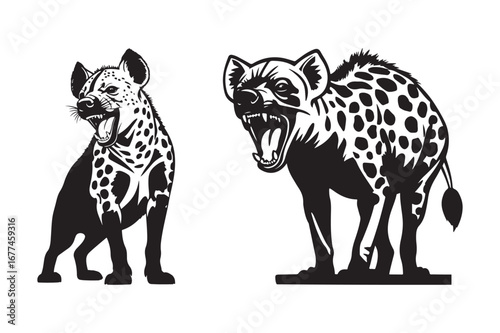 Two spotted hyenas in black and white illustration
