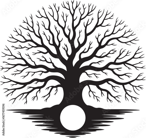 A striking silhouette of a Tree of Life with intricate, bare branches and roots reflecting in a circular design.