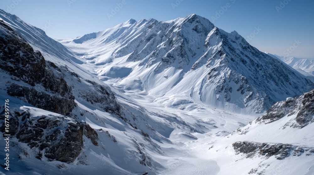 Fototapeta premium A vast snowy valley unfolds between towering, snow-capped mountain peaks under a bright blue sky.
