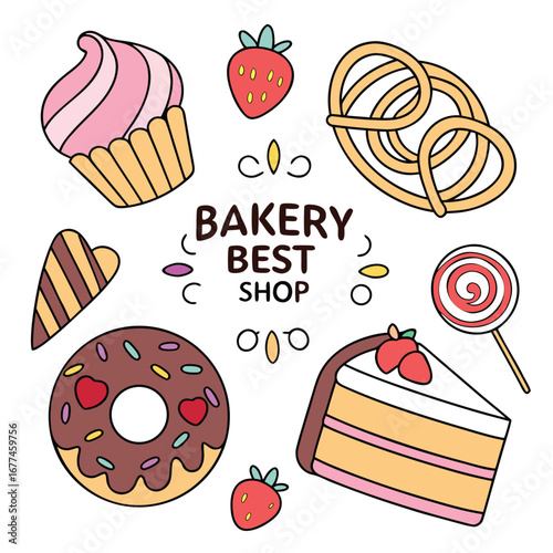 A colorful assortment of baked goods and sweets arranged in a circular pattern with central text bakery