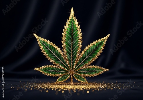 Luxurious cannabis leaf adorned with gleaming gold glitter and light sparkles creating an opulent symbol of modern cannabis culture and prosperity