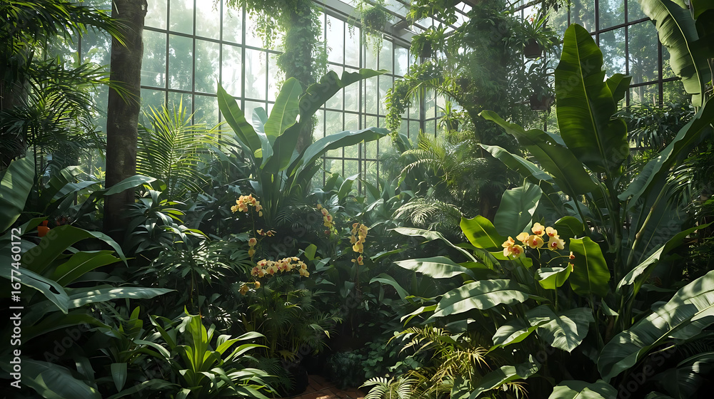 Fototapeta premium Lush tropical plants and vibrant flowers thrive within a sun-drenched greenhouse.