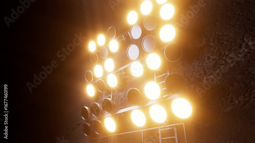 Bright stadium lights shine against a dark textured background, creating a dramatic and energetic atmosphere suitable for sports, concerts, or entertainment events