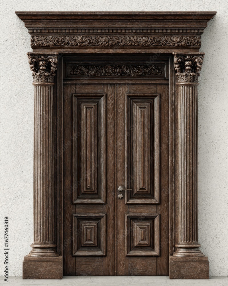 Obraz premium Ornate wooden double doors with classical columns