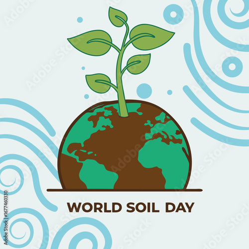 Stylized illustration of a green seedling growing from the earth with blue water swirls and circles