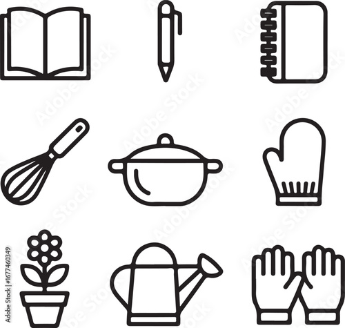 Reading Writing Cooking Baking and Gardening Outline Icon Set with Book Pen Notebook Whisk Oven Mitt Flower Pot Watering Can and Garden Gloves