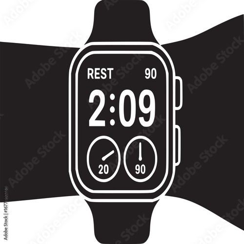 A close up of a smart watch displaying rest time and other fitness data on a black and white background