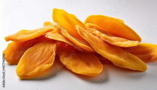 sliced dried mango pieces on a plain white surface with empty space