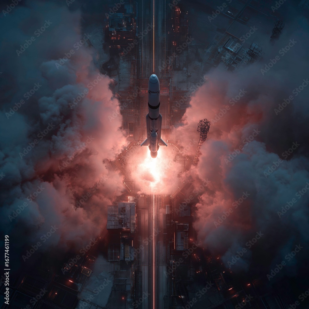 Obraz premium Rocket Launching Into Night Sky Over City with Smoke and Bright Flame