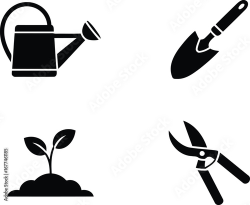 Assorted Gardening Tools Icons Black Silhouettes Watering Can Trowel Sprout and Gardening Shears Representing Gardening Tasks Landscaping and Plant Care in a Simple Visual Design