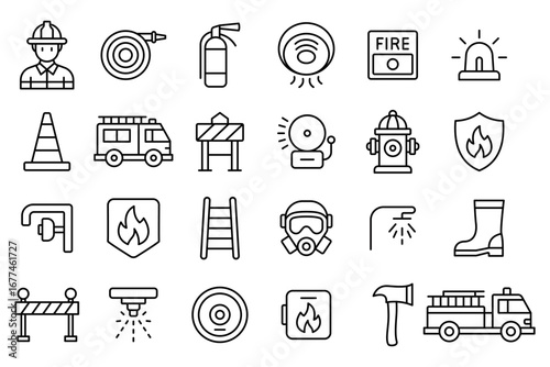 A collection of black and white icons for firefighting and emergency services. The icons include a fire hydrant, a fire truck, a fireman. vector. Editable stroke.