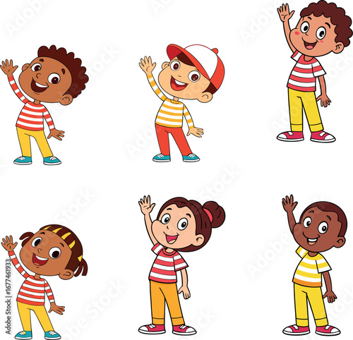Four diverse cartoon children waving happily in a colorful group illustration