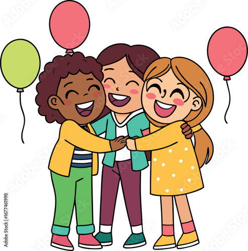 Joyful illustration of four diverse friends sharing a warm hug and laughter