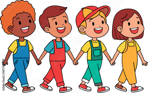 Happy diverse cartoon children holding hands in a circle celebrating unity and friendship