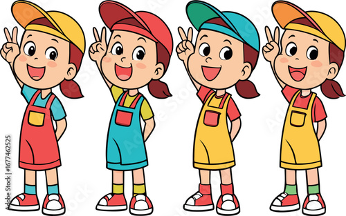 Four diverse cartoon children winking and giving peace signs in a group