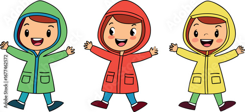 Four cheerful characters in colorful raincoats jumping joyfully in the rain