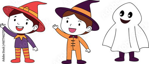 Four happy children in diverse halloween costumes celebrating together