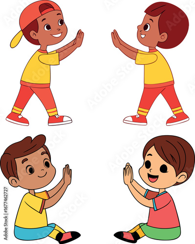 Four diverse children in pairs playing the pat a cake clapping game
