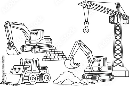 Construction Site Black and White Cartoon Illustration of Heavy Machinery and Building Elements