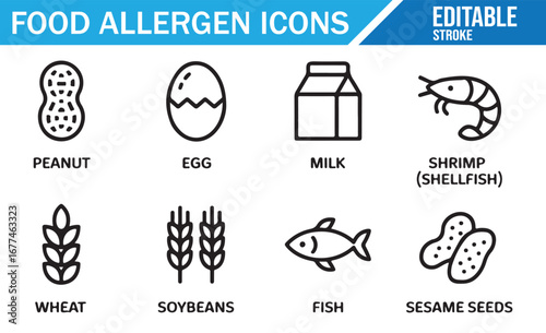 Editable set of food allergen icons featuring peanut, egg, milk, shrimp, wheat, soybeans, fish, and sesame seeds for food labeling and allergy awareness.