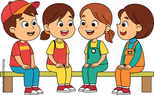 Four happy children of diverse backgrounds sitting together on a park bench sharing stories and laughter