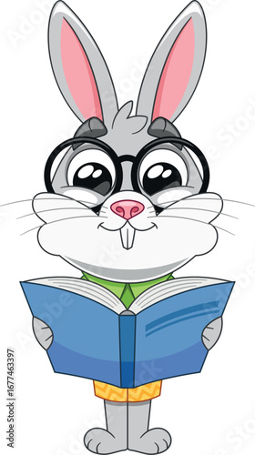 Cute nerd bunny reading book
