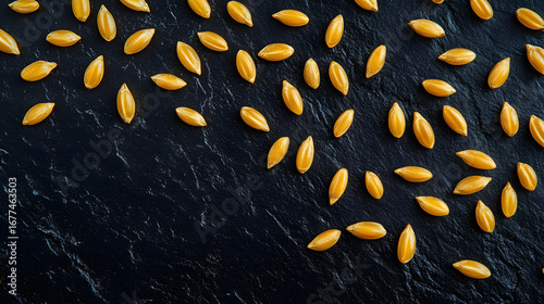 Golden Einkorn grains spread evenly across a dark suface, their narrow shape ad natural texture prominenly featured.