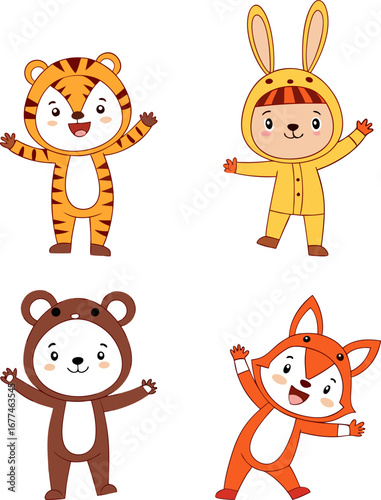 Four happy children dressed in diverse animal costumes posing together in a bright playful illustration