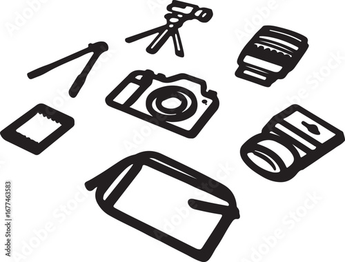 Minimal Line Art Vector Pack for Photographers featuring DSLR Camera Tripod Lens Memory Card Flash Camera Bag Clean thin black line white background modern vector pack