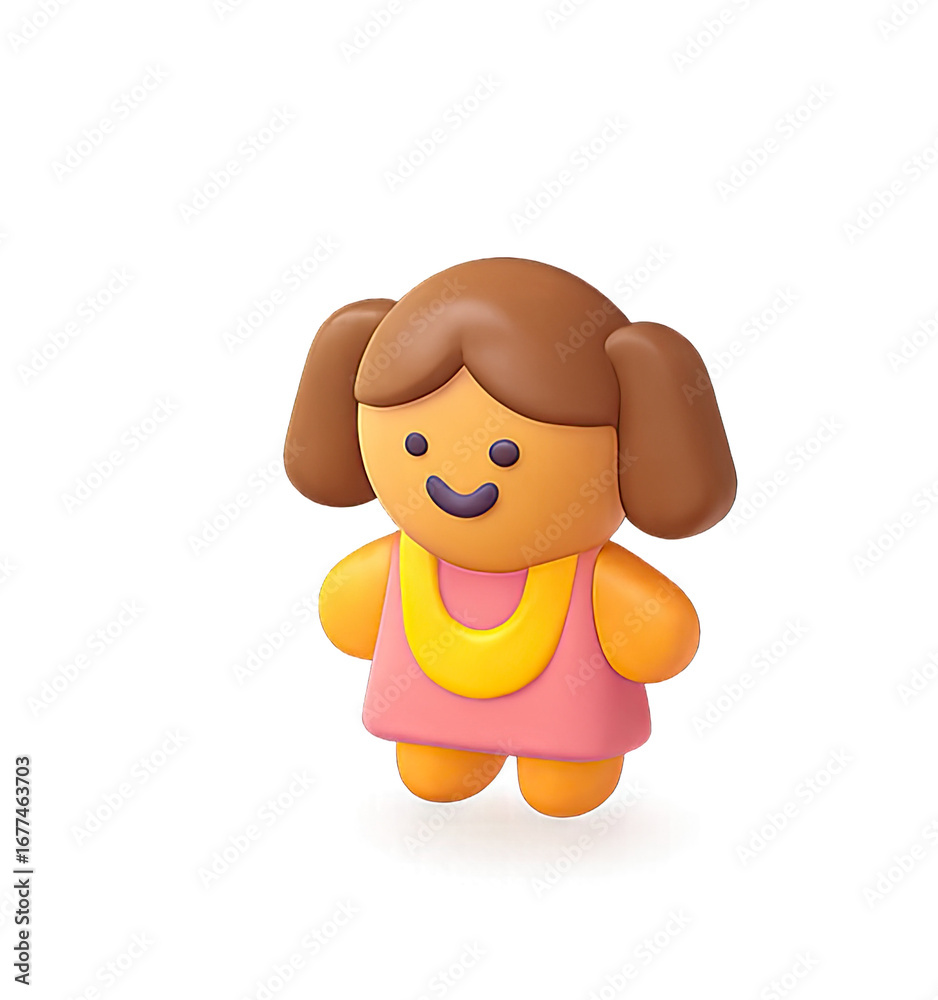 Obraz premium A cute, brown-haired girl with pigtails wearing a pink dress with a yellow necklace, standing against a transparent background.