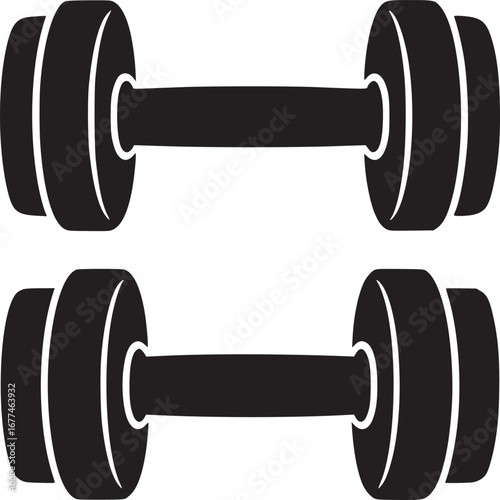 Two black dumbbells arranged vertically on a white background for fitness and exercise concepts