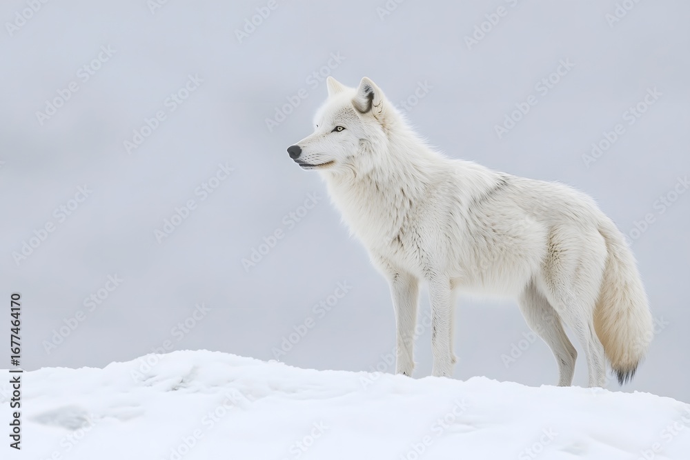 Obraz premium Arctic wolf cautiously approaches a wildlife photographer in the polar landscape