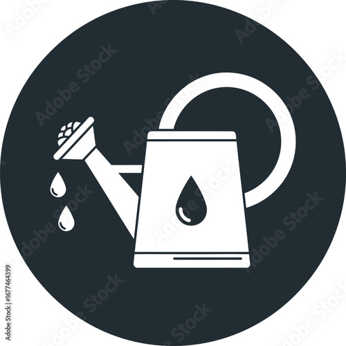 Illustration of a watering can with water drops in a dark circle