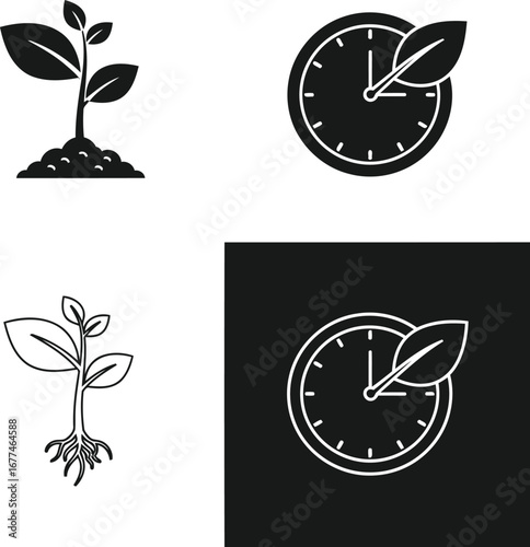 Vector art of plant growth and time icons in black and white, representing natural growth and the passage of time