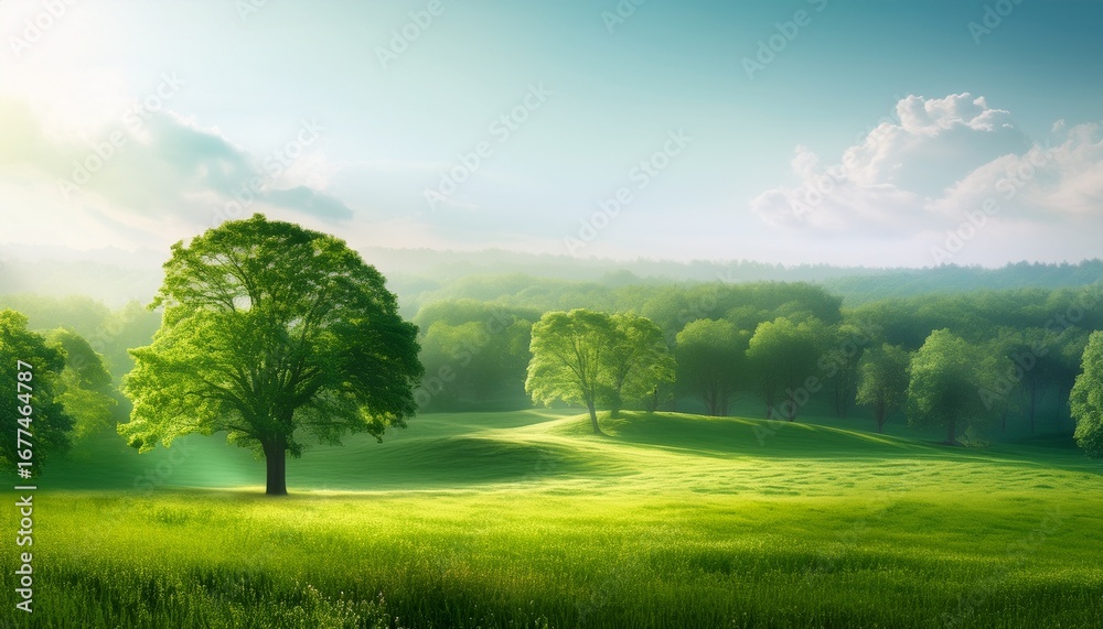 Fototapeta premium tranquil green landscape surrounded by lush trees and gentle breeze