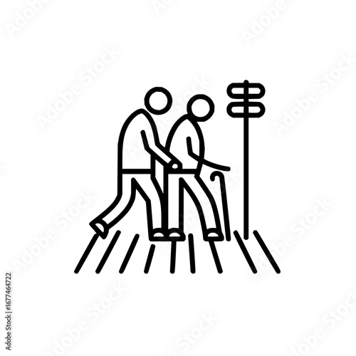 Illustration of a person assisting an elderly individual with a cane across a crosswalk near a sign post