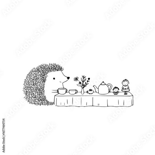 Hedgehog tea party illustration cute animal drawing whimsical art print line art for kids room decor black and white