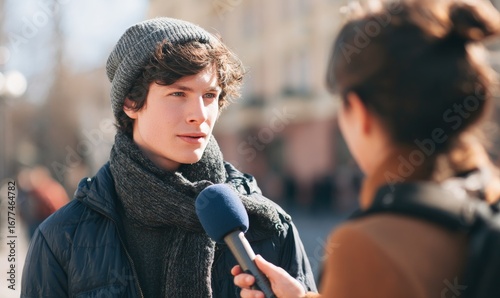 A person being interviewed on the street with a microphone, wearing a beanie and scarf.