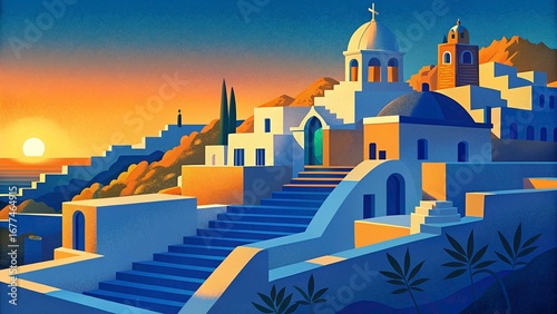 Fototapeta Naklejka Na Ścianę i Meble -  Santorini island, Greece, Europe. Digital illustration.