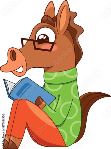 Cute smart horse reading book
